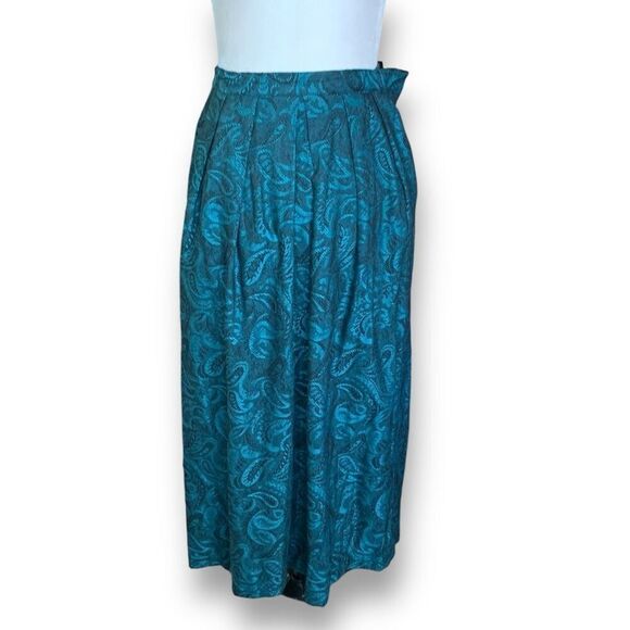 Vintage 90s Pleated Maxi Skirt Turquoise Blue Black Paisley Print Textured 6 - Picture 9 of 9
